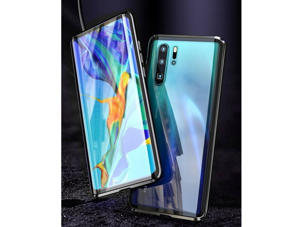 Full Magnetic Case magnetické pouzdro 360 na přední i zadní část + sklo na displej Huawei Mate 30 Lite černo/průsvitné