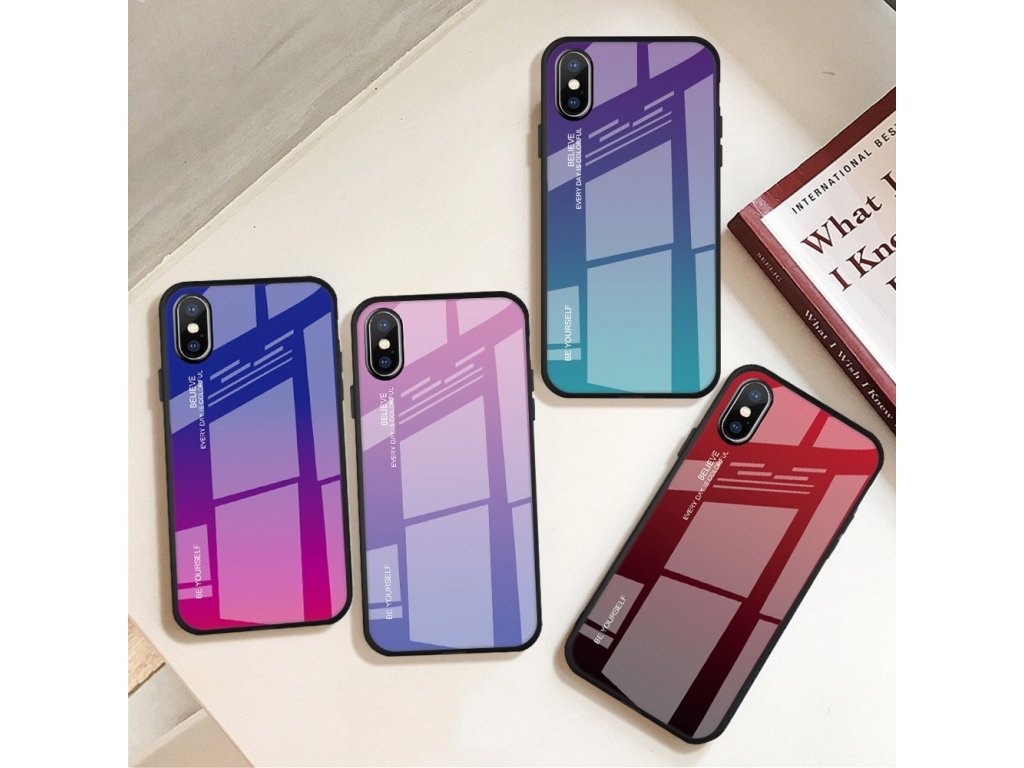 Gradient Glass pouzdro z tvrzeného skla iPhone XS Max růžově/fialové