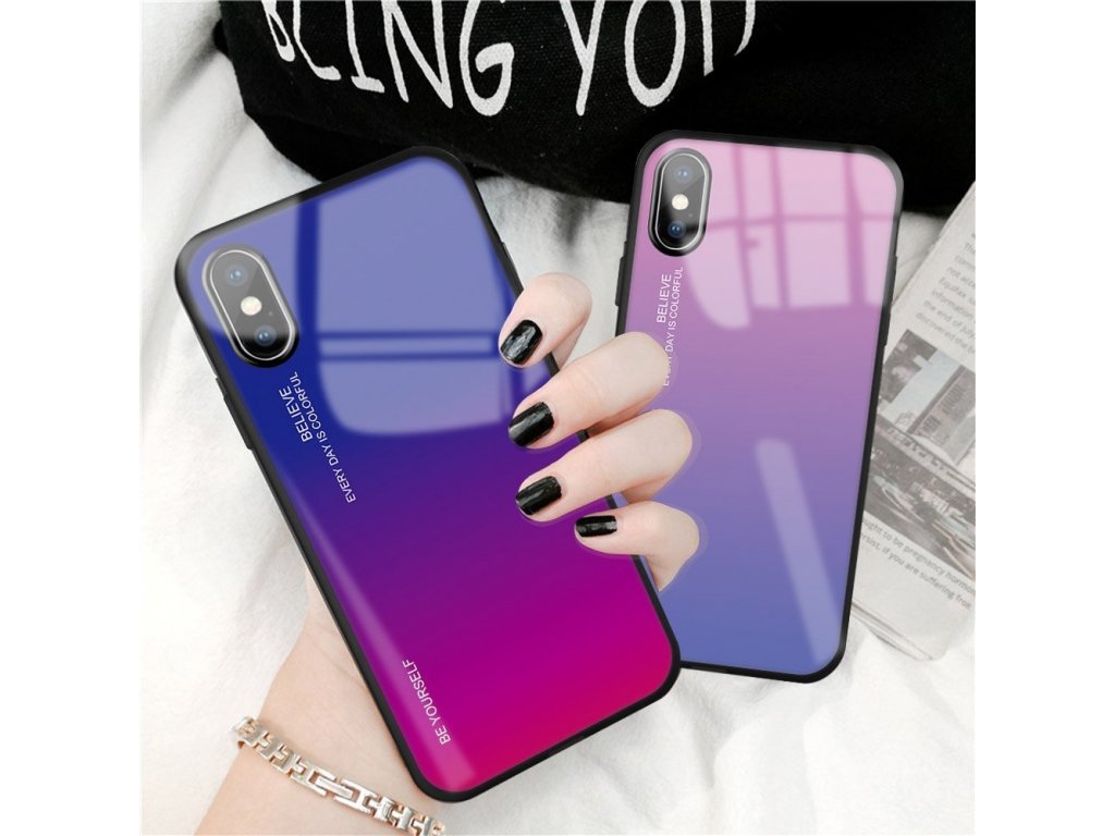 Gradient Glass pouzdro z tvrzeného skla iPhone XS Max růžově/fialové