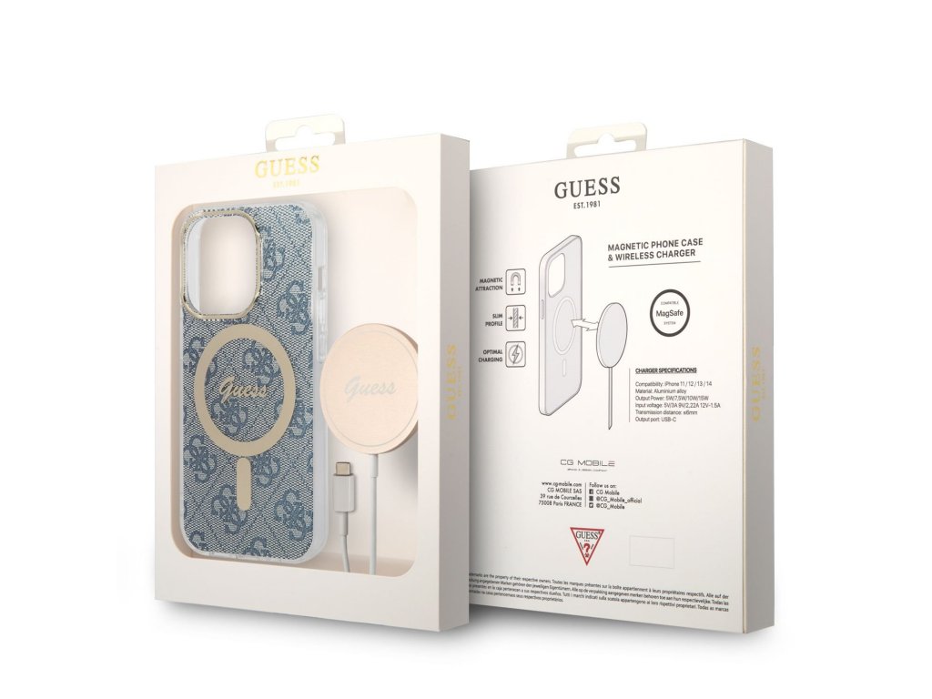 Guess 4G MagSafe Kompatibilní Zadní Kryt + Bezdrátová Nabíječka pro iPhone 14 Pro Blue