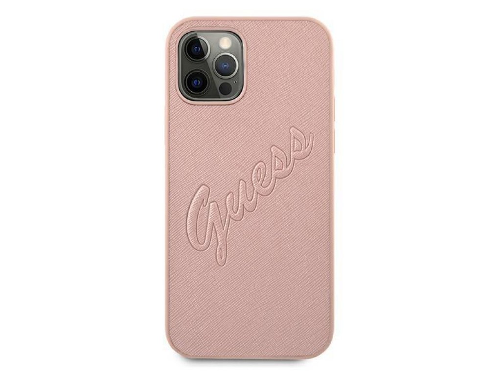 Guess Pevné pouzdro Saffiano Vintage Script pro iPhone 12 Pro Max 6,7" - růžové 