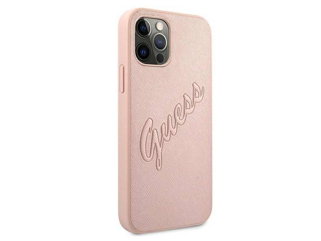 Guess Pevné pouzdro Saffiano Vintage Script pro iPhone 12 Pro Max 6,7" - růžové 