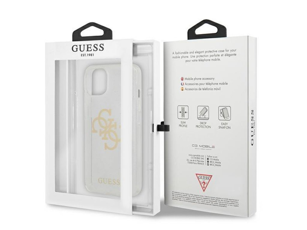 Guess pevné pouzdro Glitter 4G Big Logo pro iPhone 13 mini 5,4" - průhledné 