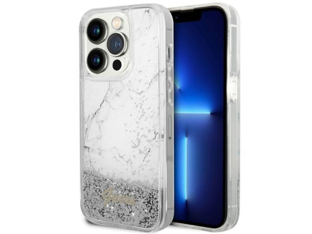 Guess Pevný obal Liquid Glitter Marble pro iPhone 14 Pro 6,1" - bílý