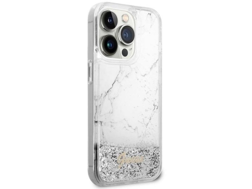 Guess Pevný obal Liquid Glitter Marble pro iPhone 14 Pro 6,1" - bílý