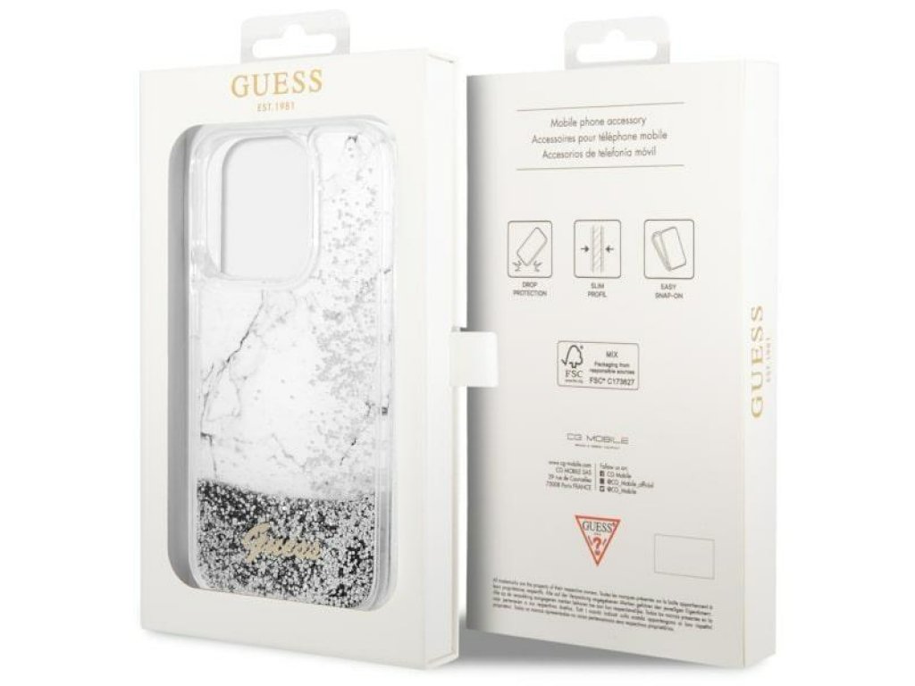 Guess Pevný obal Liquid Glitter Marble pro iPhone 14 Pro 6,1" - bílý