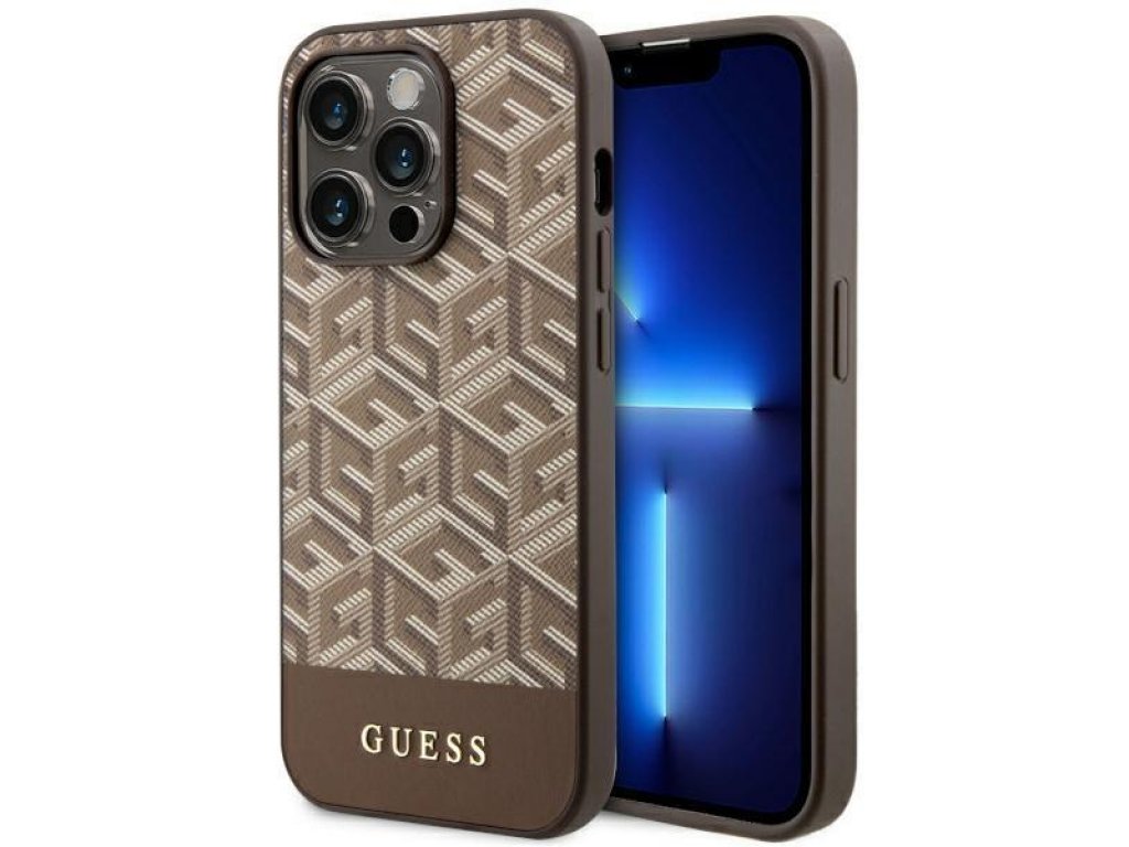 Guess Pevné pouzdro GCube Stripes MagSafe pro iPhone 14 Pro 6.1" - hnědé