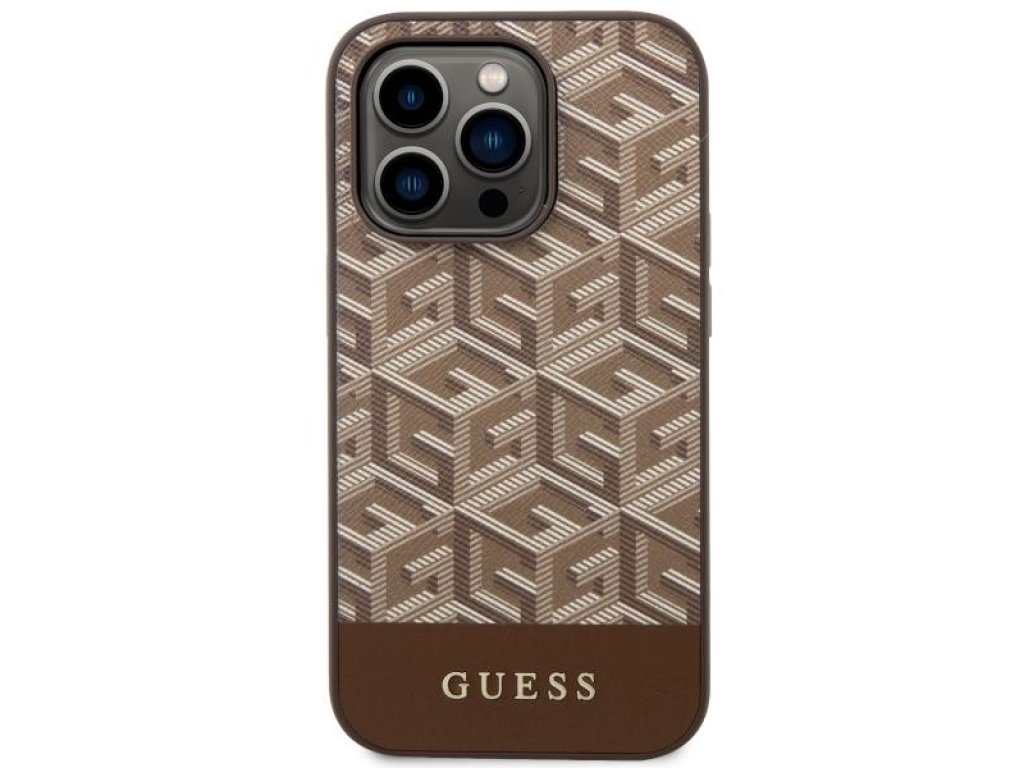 Guess Pevné pouzdro GCube Stripes MagSafe pro iPhone 14 Pro 6.1" - hnědé