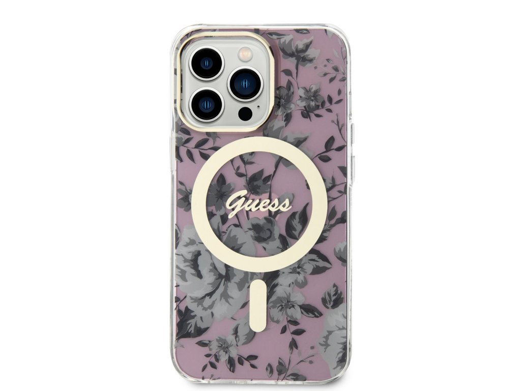 Zadní Kryt Guess PC/TPU Flowers IML MagSafe Kompatibilní pro iPhone 13 Pro - růžový