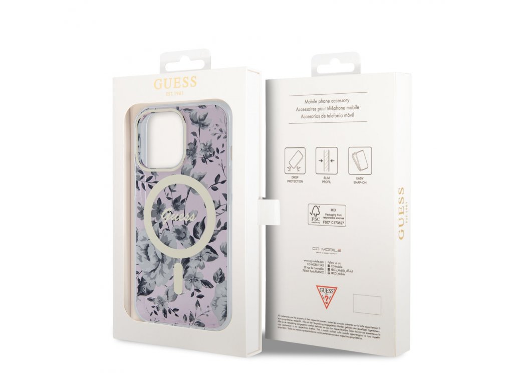 Zadní Kryt Guess PC/TPU Flowers IML MagSafe Kompatibilní pro iPhone 13 Pro - růžový