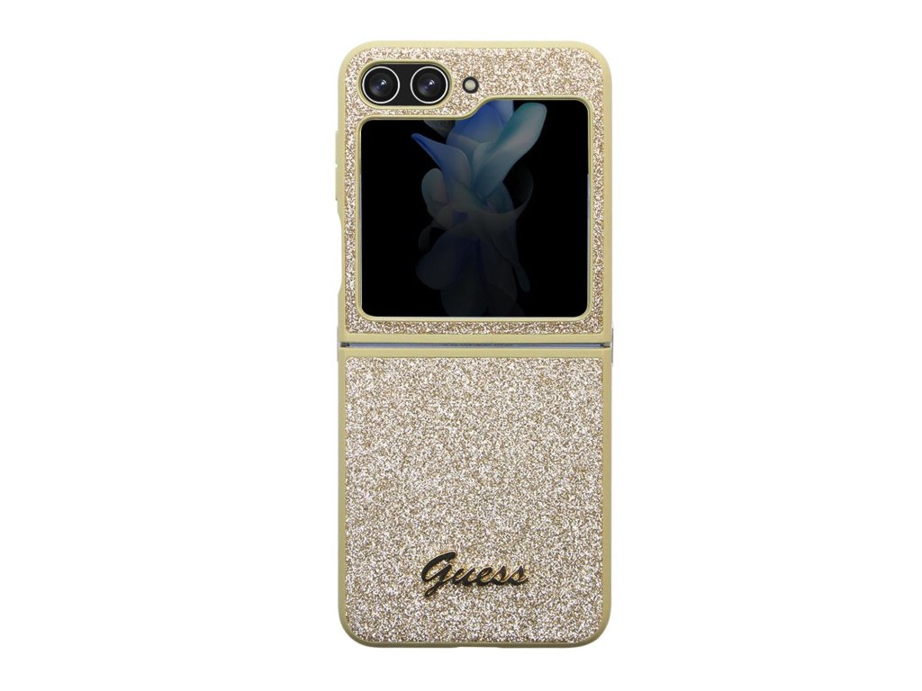 Guess PC/TPU Glitter Flakes Metal Logo Zadní Kryt pro Samsung Galaxy Z Flip 5 Gold