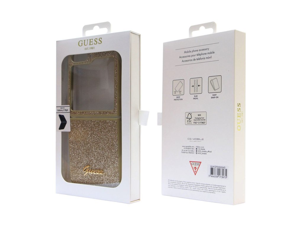 Guess PC/TPU Glitter Flakes Metal Logo Zadní Kryt pro Samsung Galaxy Z Flip 5 Gold