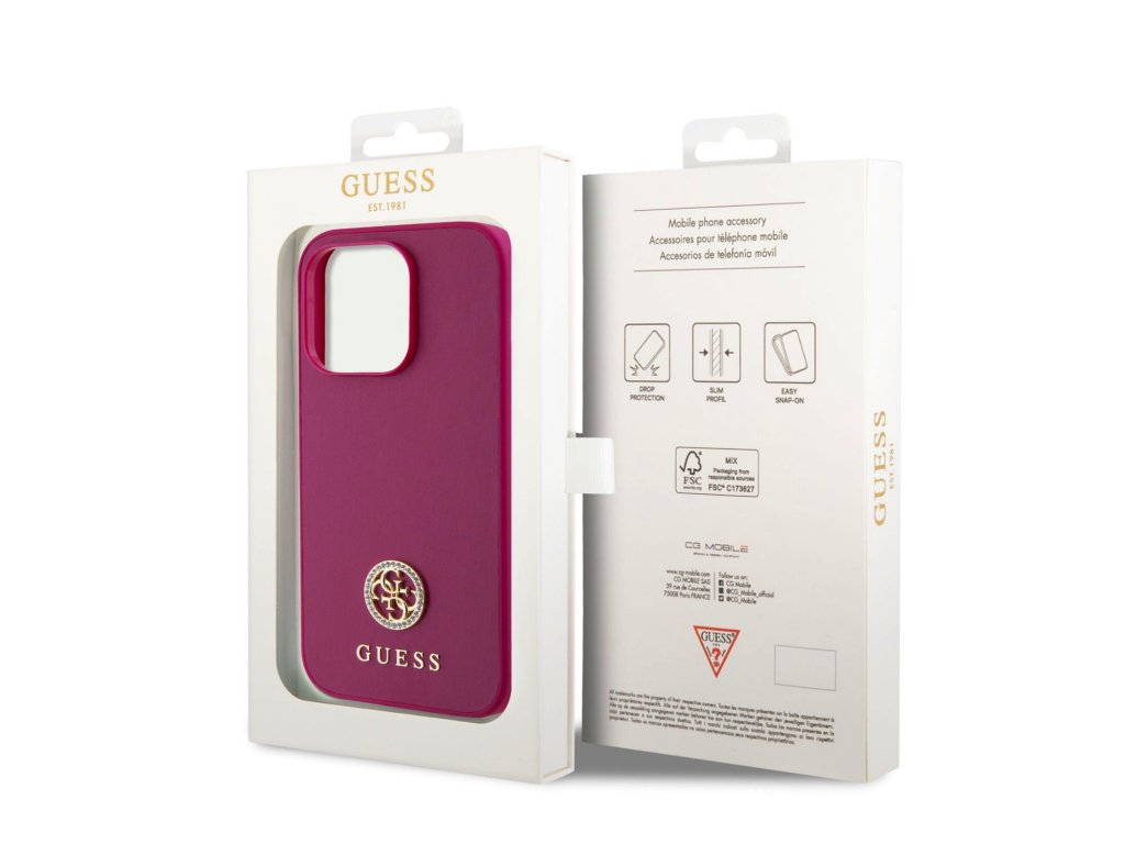 Kryt Guess PU 4G Strass Metal Logo pro iPhone 15 Pro Max - růžový