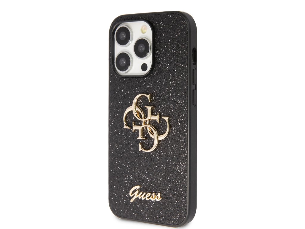 Guess PU Fixed Glitter 4G Metal Logo Zadní Kryt pro iPhone 15 Pro Max Black