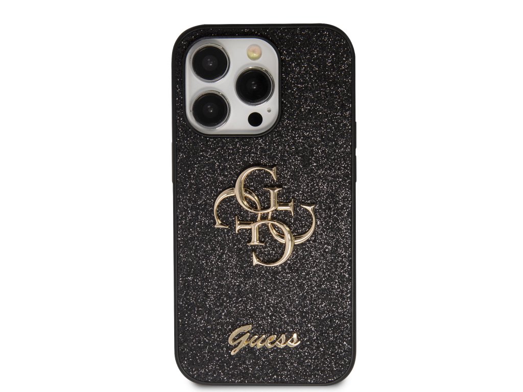 Guess PU Fixed Glitter 4G Metal Logo Zadní Kryt pro iPhone 15 Pro Max Black