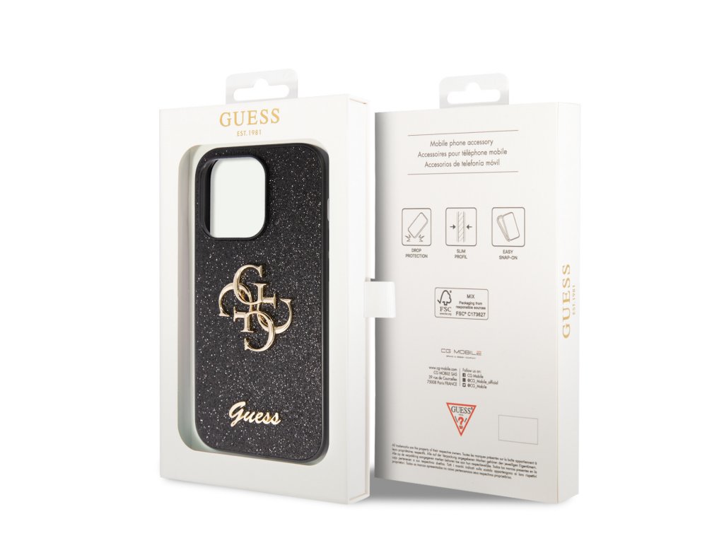 Guess PU Fixed Glitter 4G Metal Logo Zadní Kryt pro iPhone 15 Pro Max Black