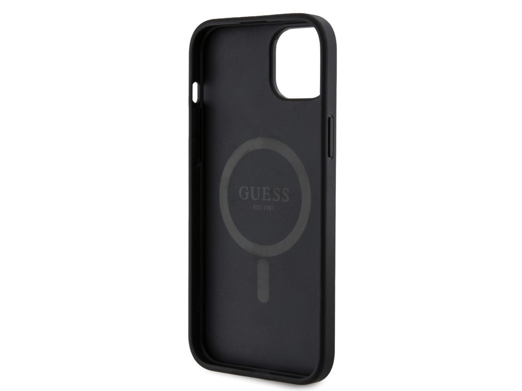 Kryt Guess PU Leather 4G Colored Ring MagSafe pro iPhone 15 Plus - černý