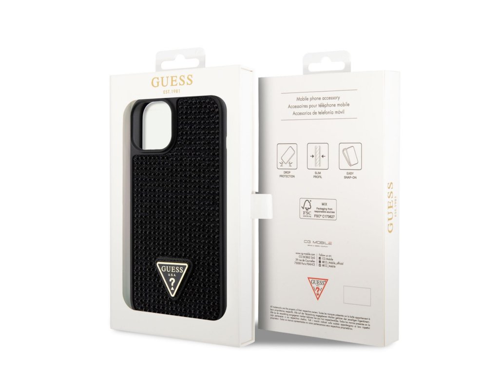 Guess Rhinestones Triangle Metal Logo Kryt pro iPhone 14 - černý