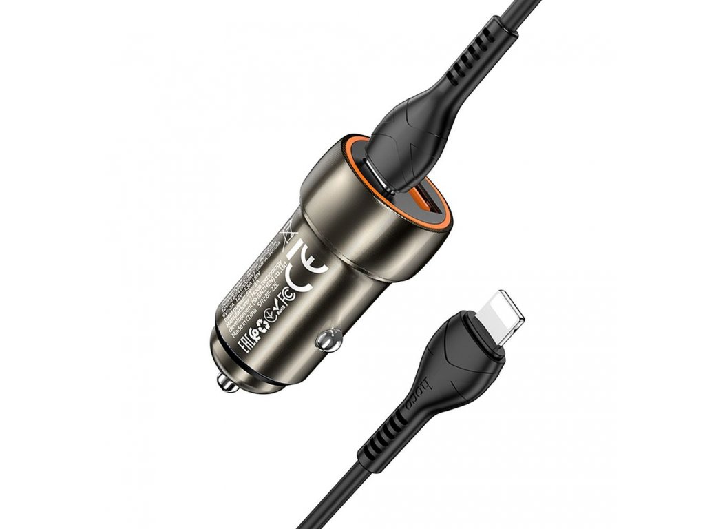 HOCO car charger Type C + USB QC3.0 Power Delivery 20W with cable for iPhone Lightning 8-pin Z46A metal gray