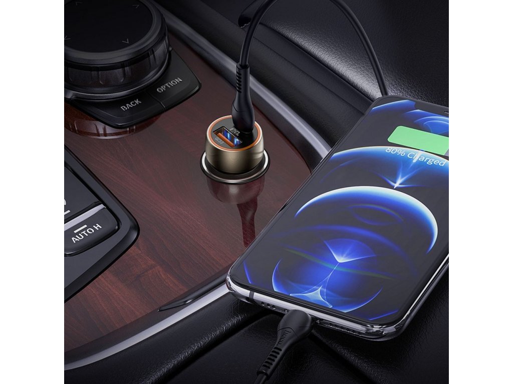 HOCO car charger Type C + USB QC3.0 Power Delivery 20W with cable for iPhone Lightning 8-pin Z46A metal gray