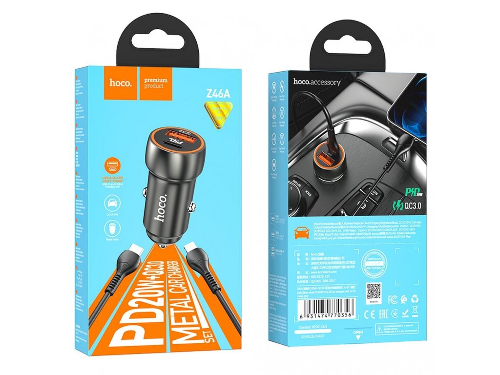 HOCO car charger Type C + USB QC3.0 Power Delivery 20W with cable for iPhone Lightning 8-pin Z46A metal gray