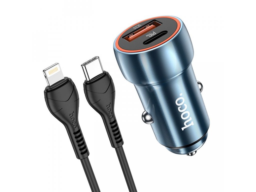 HOCO car charger Type C + USB QC3.0 Power Delivery 20W with cable for iPhone Lightning 8-pin Z46A sapphire blue