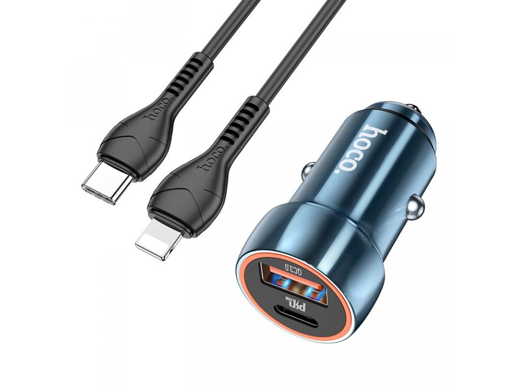 HOCO car charger Type C + USB QC3.0 Power Delivery 20W with cable for iPhone Lightning 8-pin Z46A sapphire blue