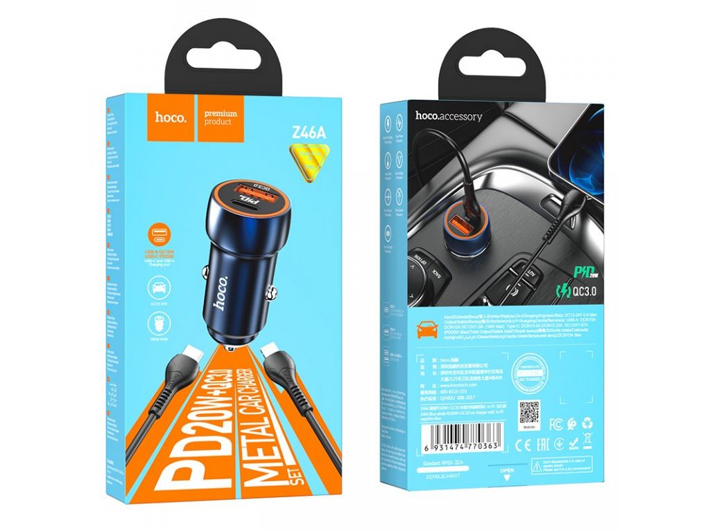 HOCO car charger Type C + USB QC3.0 Power Delivery 20W with cable for iPhone Lightning 8-pin Z46A sapphire blue