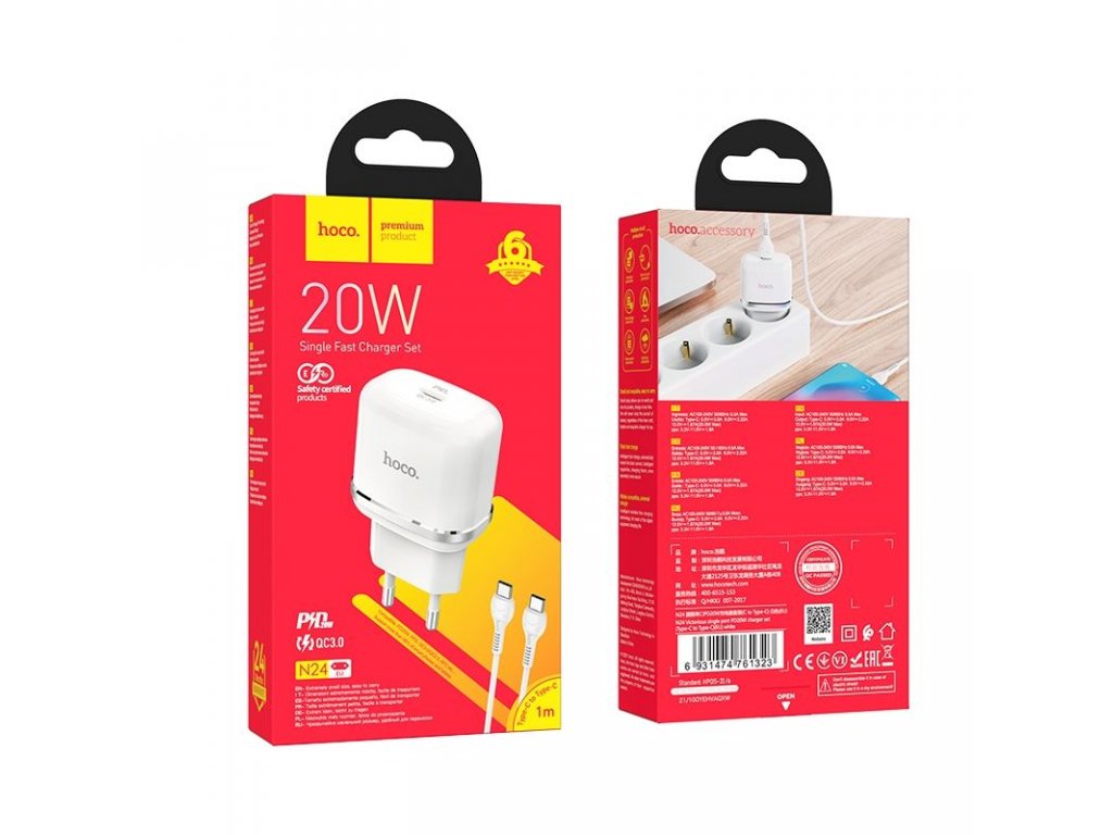 HOCO charger Type C PD 20W Fast Charge Victorious with cable for Type C N24 white