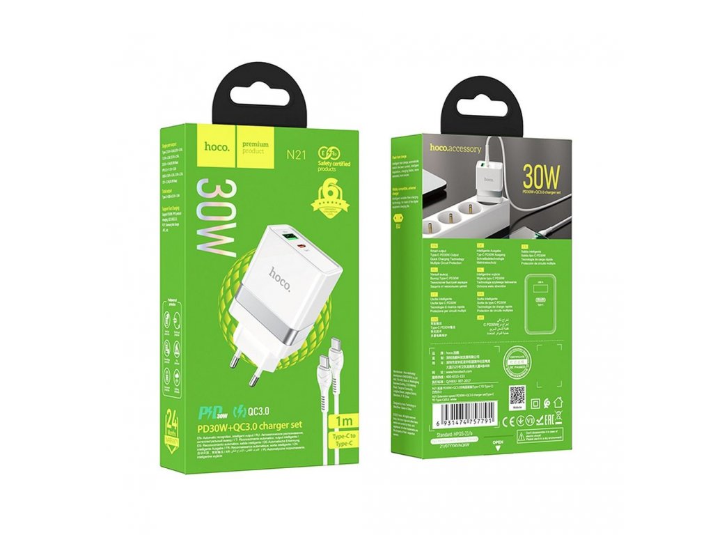 HOCO travel charger Type C + USB QC3.0 with cable for Type C Power Delivery 30W Starter N21 white