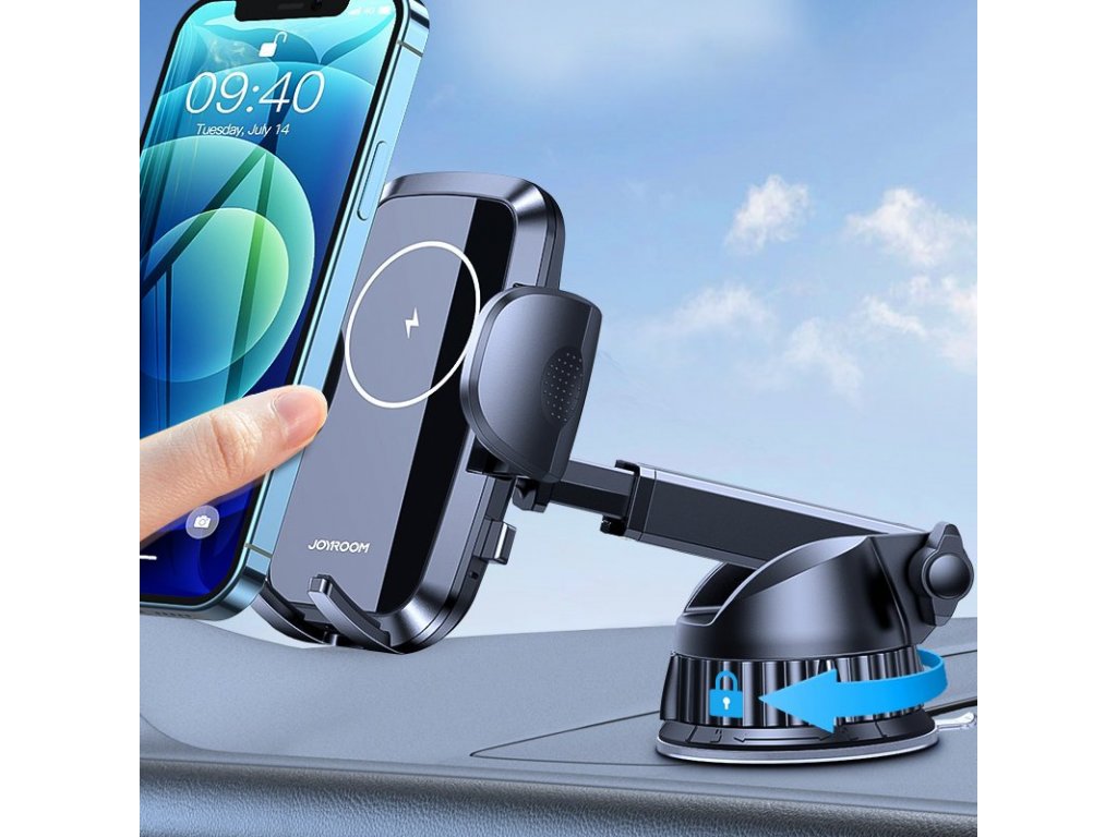 Joyroom Bezdrátová nabíječka do auta a držák telefonu na palubní desku Qi nabíječka 15 W černá (JR-ZS241)