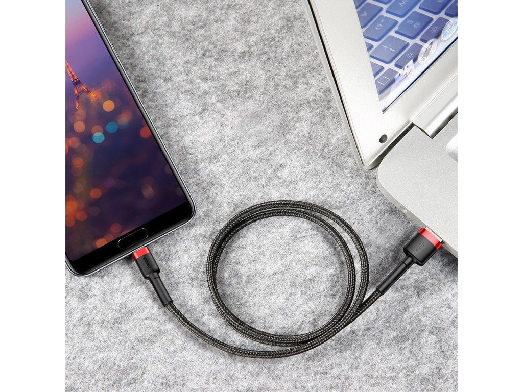 Kabel cafule USB-C 2A 3m červený+černý