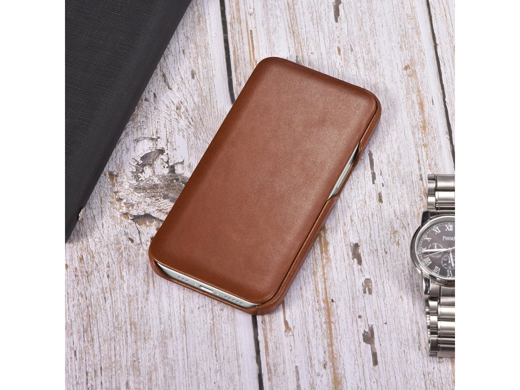 Kožené peněženkové pouzdro Curved Edge Vintage Folio pro iPhone 13 Pro hnědé (RIX1303-BN)