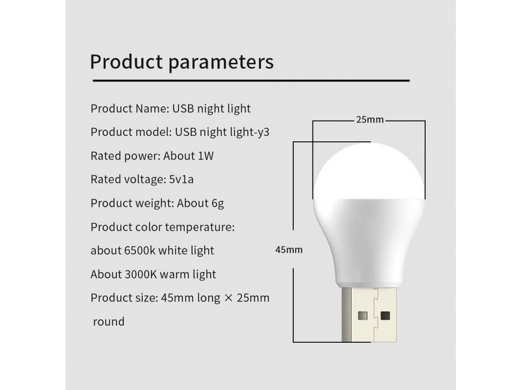 LED žárovka do USB bílé světlo 1W 6500K