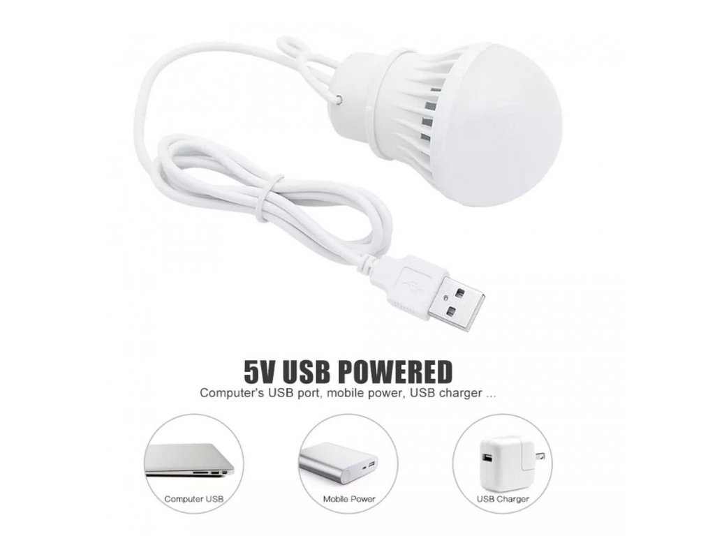 LED žárovka do USB bílé světlo 3W kabel dlouhý 1m 200lm