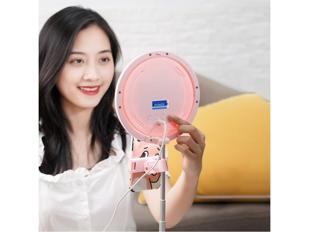 LED kruhová lampa se stativem pro nahrávání živého vysílání videí YouTube TikTok Instagram držák telefonu pro selfie kroužkovou lampu růžová (1TMJ růžová)