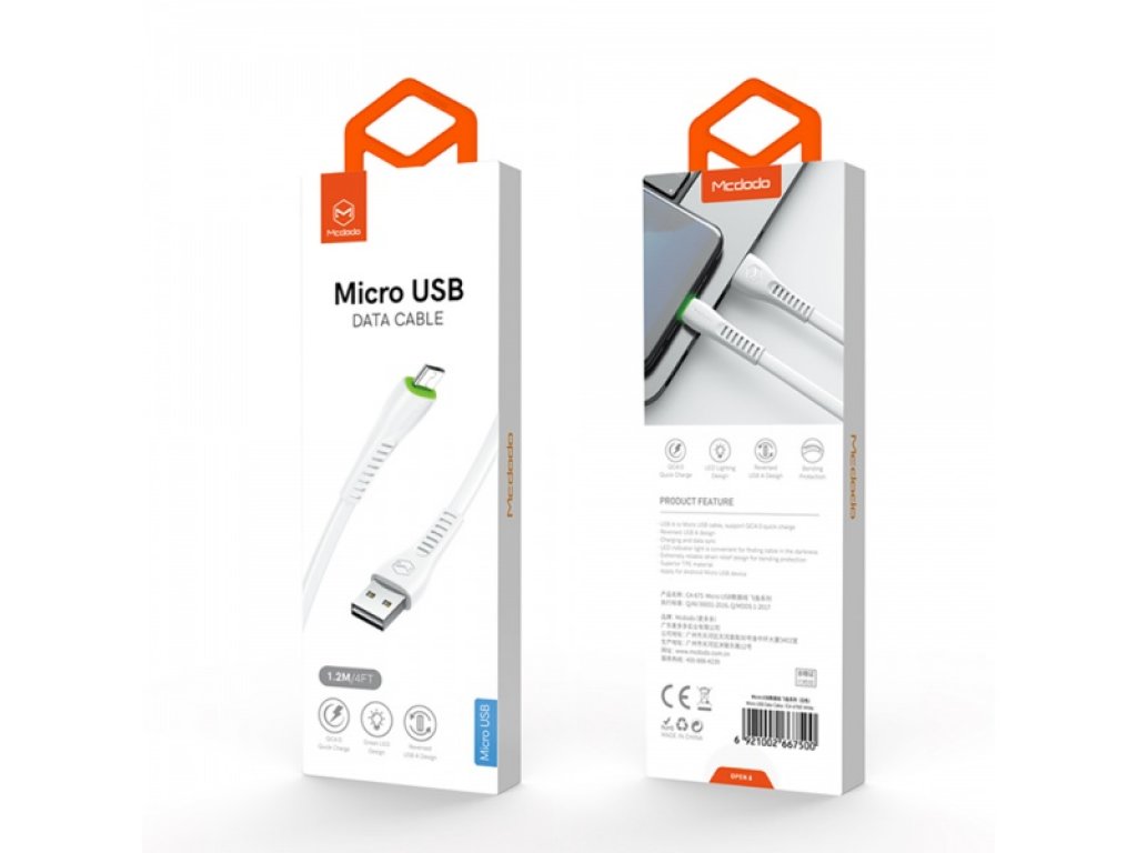 Mcdodo nabíjecí / datový kabel Micro USB s LED indikátorem 1,2m Flying Fish Series, bílá