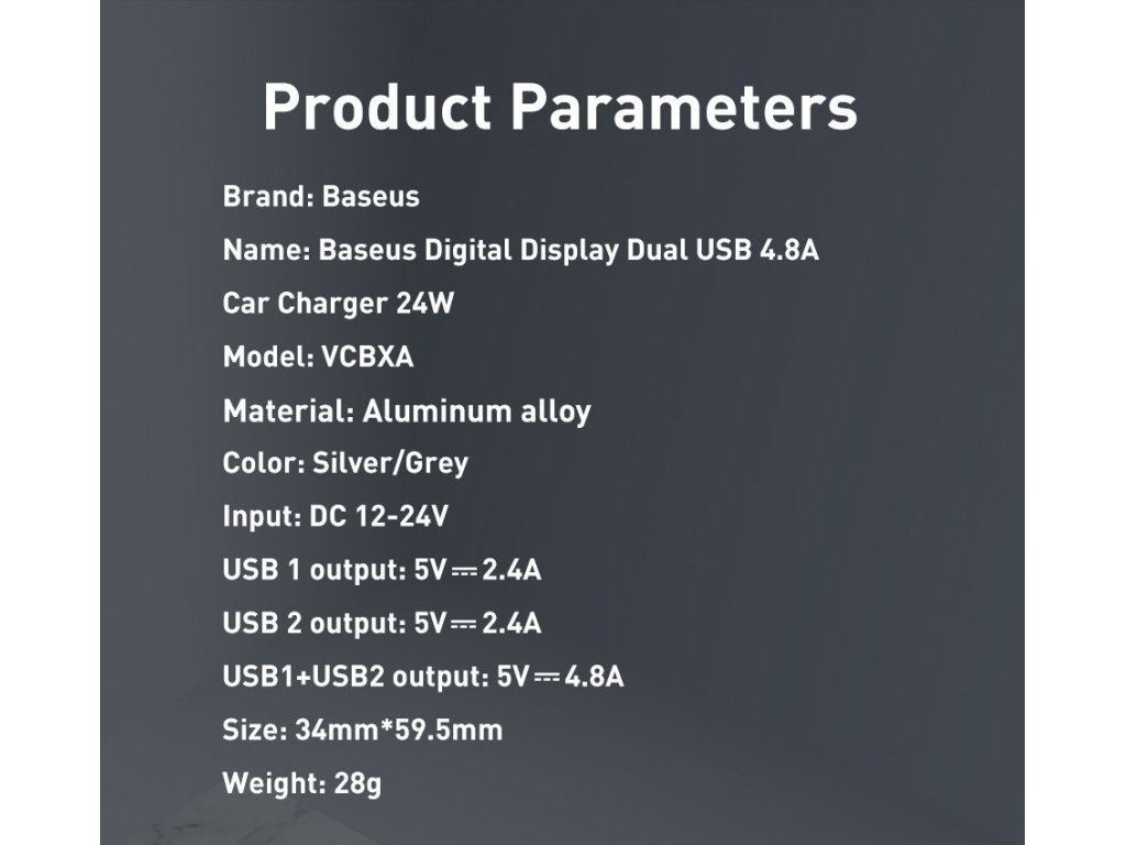 Nabíječka do auta s digitálním displejem Duální USB 4,8A  24W šedá