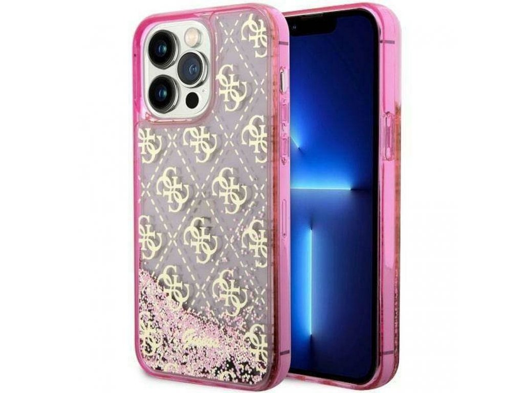 Originální pouzdro GUESS Liquid Glitter 4G Translucent pro iPhone 14 PRO - růžové