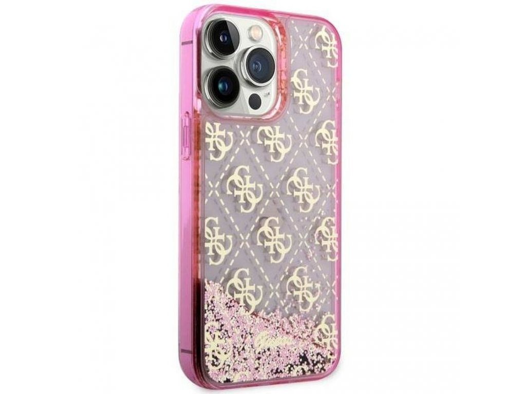 Originální pouzdro GUESS Liquid Glitter 4G Translucent pro iPhone 14 PRO - růžové