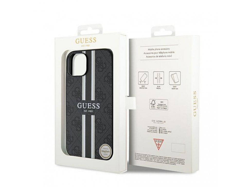 Pouzdro GUESS kompatibilní s Magsafe 4G Printed Stripes pro iPhone 15 - černé