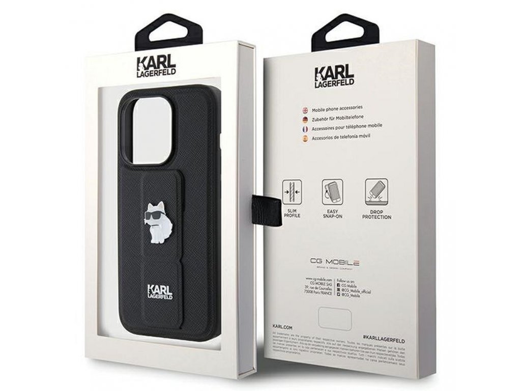 Pouzdro KARL LAGERFELD Gripstand Saffiano choupette PIN pro iPhone 14 Pro - černé