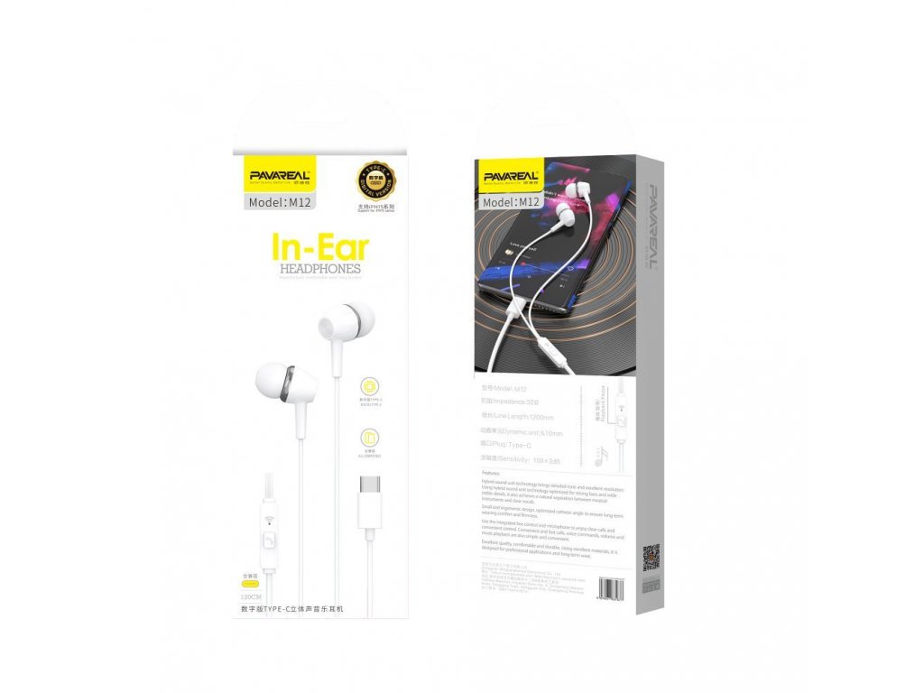 Drátová sluchátka PAVAREAL s mikrofonem typu C PA-M12 - bílá [převodník]
