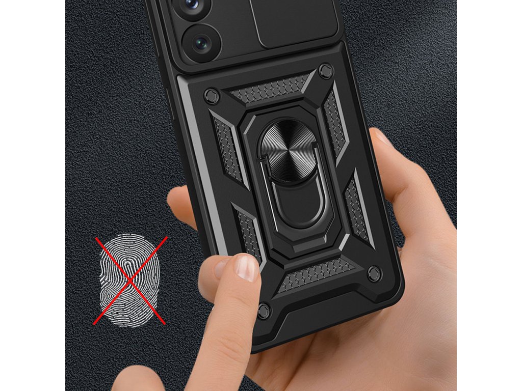  Pancéřové pouzdro s krytem fotoaparátu Hybrid Armor Camshield pro Samsung Galaxy A14 - černé