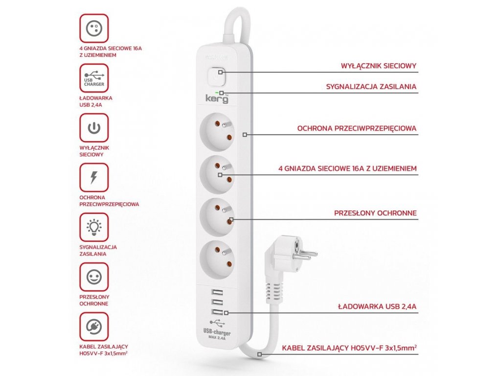 Prodlužovací kabel se 4 zásuvkami + 3x USB A ; 3 metry ; 3×1,5mm² H05VV-F 16A/250V~M02414