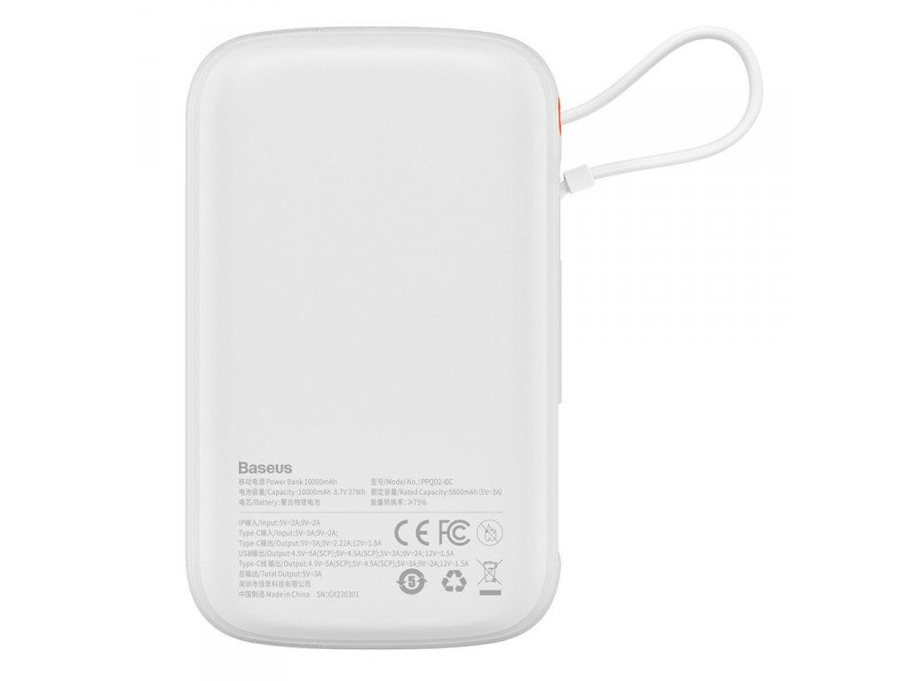 Qpow powerbanka 10000mAh vestavěný kabel USB-C 22,5W Quick Charge SCP AFC FCP bílá (PPQD020102)