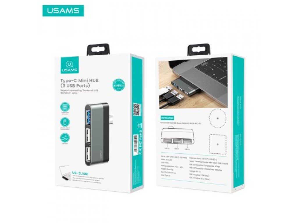 Redukce USAMS Type-C Mini HUB (3 USB Porty) - šedá