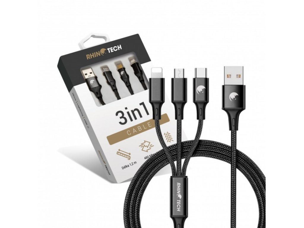 RhinoTech nabíjecí a datový kabel 3v1 USB-A (MicroUSB + Lightning + USB-C) 1,2m černá