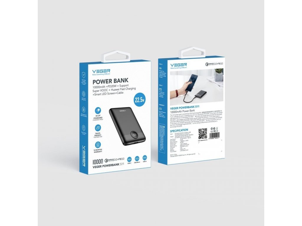 Rychlonabíjecí externí baterie (power banka) VEGER S11 - 10 000mAh LCD PD22,5W černá