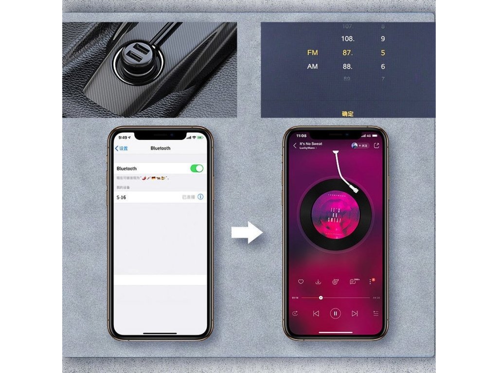 S-16 FM Transmitter Bluetooth 5.0 2x USB nabíječka do auta AUX MP3 TF micro SD 3,1 A černá (CCTM-E01)